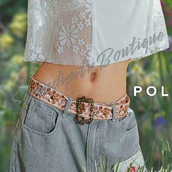 POL Accessories - POL Floral Embroidered Mauve & Soft Rose Natural Cotton Twill Fabric Wide Belt